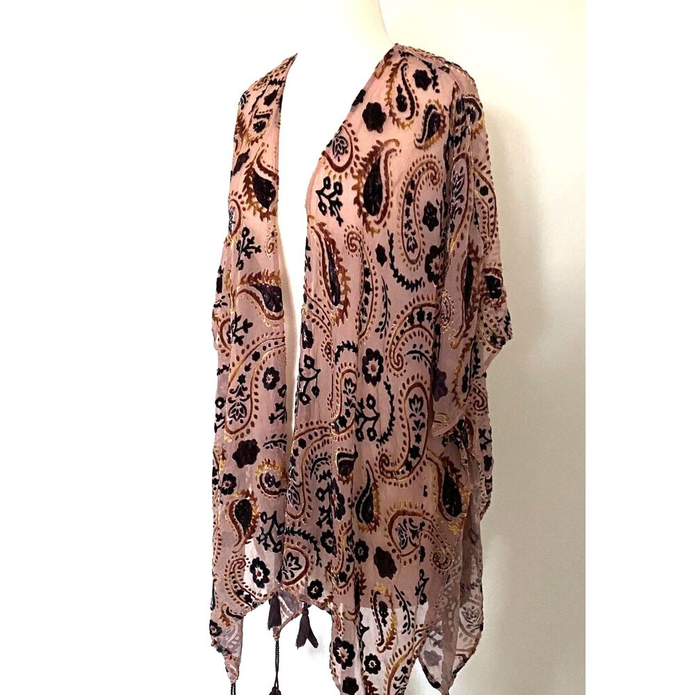 Japna Velvet Burnout Floral Paisley Cape Shawl Tassel Fringe Kimono Boho Chic M - Picture 3 of 9